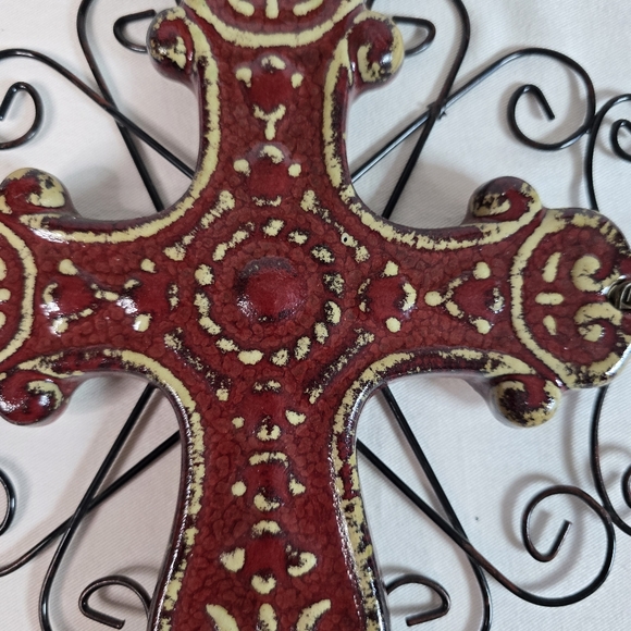 Ceramic Wall Hung Cross With Decorative Wire Backing 14" Tall X 11" Wide Red - Picture 2 of 5